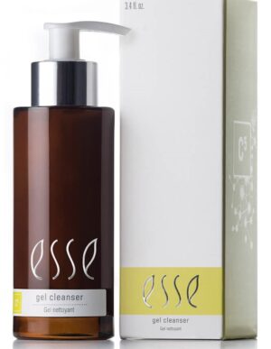 A 3.4 fluid ounce (100 milliliter) brown pump bottle labeled "Esse Gel Cleanser" stands next to its light-colored box packaging, which displays the same "Esse" branding and product details in white and lime green.