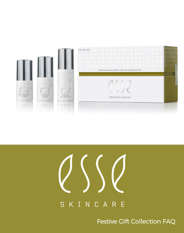 An image of the Esse Skincare Festive Gift Collection. It includes three white and silver bottles of skincare products and a white and green box. Below, there is the Esse Skincare logo and the text "Festive Gift Collection FAQ" on a green background.
