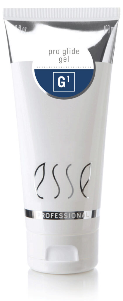 A white tube labeled "Esse Professional Pro Glide Gel G1" with a flip-top cap, designed for professional use. The design is clean and modern with silver accents.