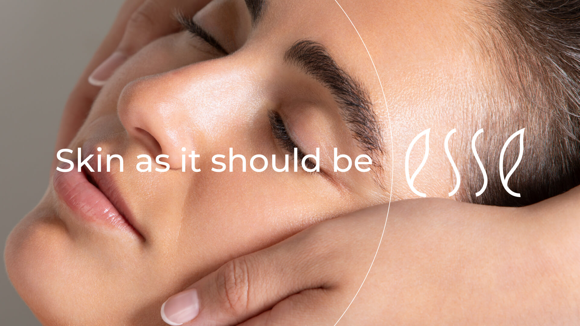 Close-up of a person with smooth skin receiving a facial massage, eyes closed and relaxed. Overlaid text reads "Skin as it should be" with the Esse logo beside it.