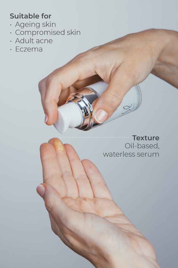 A hand dispenses Esse Probiotic Serum onto the palm. The text notes it's oil-based, waterless, and suitable for ageing or compromised skin, adult acne, and eczema.