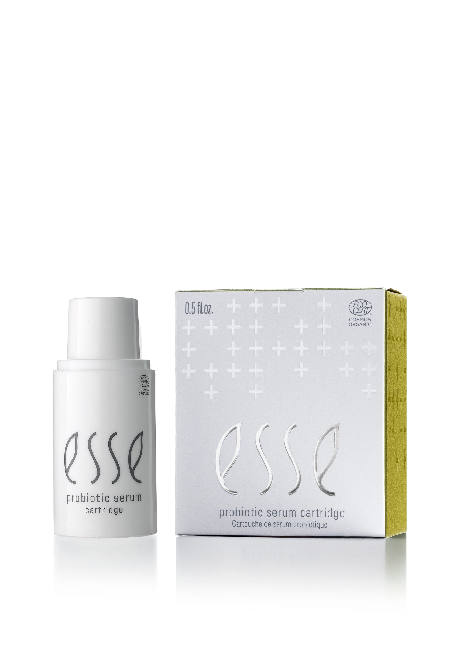 A white bottle labeled "Esse Probiotic Serum" stands beside its matching box, which is white with grey crosses and yellow sides. Both are displayed on a white background.